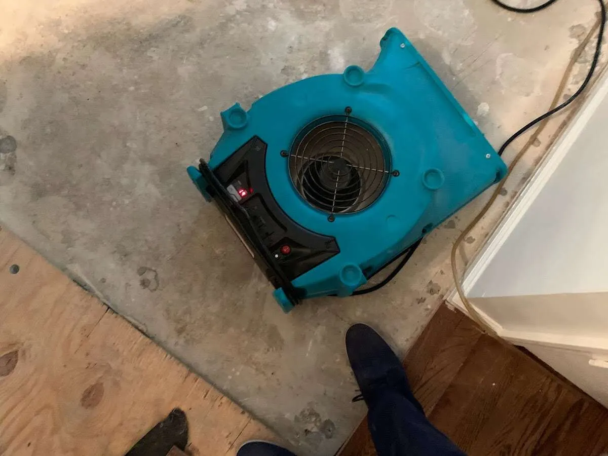 Air mover drying subfloor during Commercial Water Damage Restoration in Eastham
